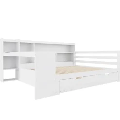 Lit Gigogne Multifonction 140x200 cm, avec Bureau et Étagères Intégrées, Lit Coulissant Sous Le Lit - Blanc - Sans Matelas><noscript><img width=