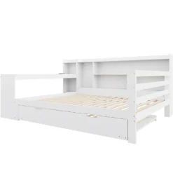 Lit Gigogne Multifonction 140x200 cm, avec Bureau et Étagères Intégrées, Lit Coulissant Sous Le Lit - Blanc - Sans Matelas><noscript><img width=