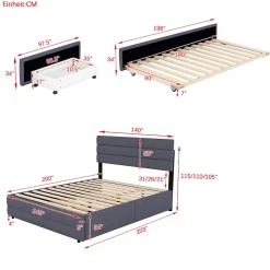 ProximaX Lit gigogne pour adulte et enfant 140 x 200cm & 90 x 190cm avec broche pour deux personnes et deux tiroirs, gris* Lit Coffre
