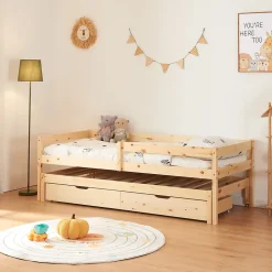 [En.Casa] Lit gigogne pour enfant Sonkajärvi avec 2 tiroirs bois de pin 90 x 200 cm naturel en.casa* Lit Gigogne
