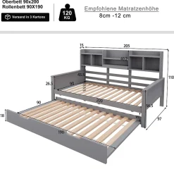 Okwish Lit gigogne simple 90x200 cm en bois avec rangement intégré - multifonction, pratique et spacieux, gris, sans matelas* Lit Gigogne