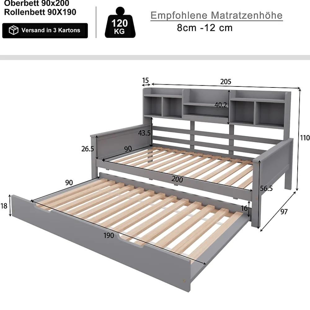 Okwish Lit gigogne simple 90x200 cm en bois avec rangement intégré - multifonction, pratique et spacieux, gris, sans matelas* Lit Gigogne