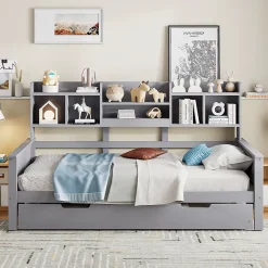 Okwish Lit gigogne simple 90x200 cm en bois avec rangement intégré - multifonction, pratique et spacieux, gris, sans matelas* Lit Gigogne