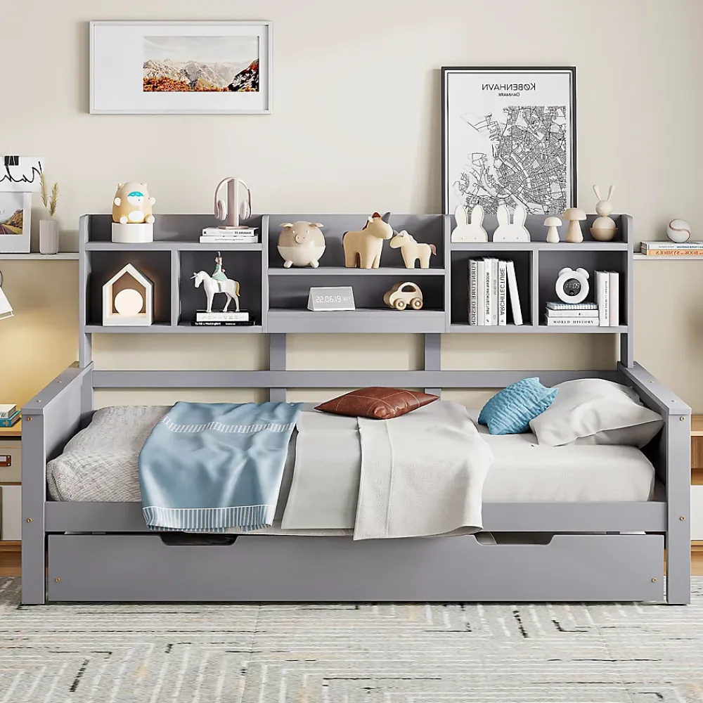 Okwish Lit gigogne simple 90x200 cm en bois avec rangement intégré - multifonction, pratique et spacieux, gris, sans matelas* Lit Gigogne