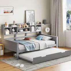 Okwish Lit gigogne simple 90x200 cm en bois avec rangement intégré - multifonction, pratique et spacieux, gris, sans matelas* Lit Gigogne