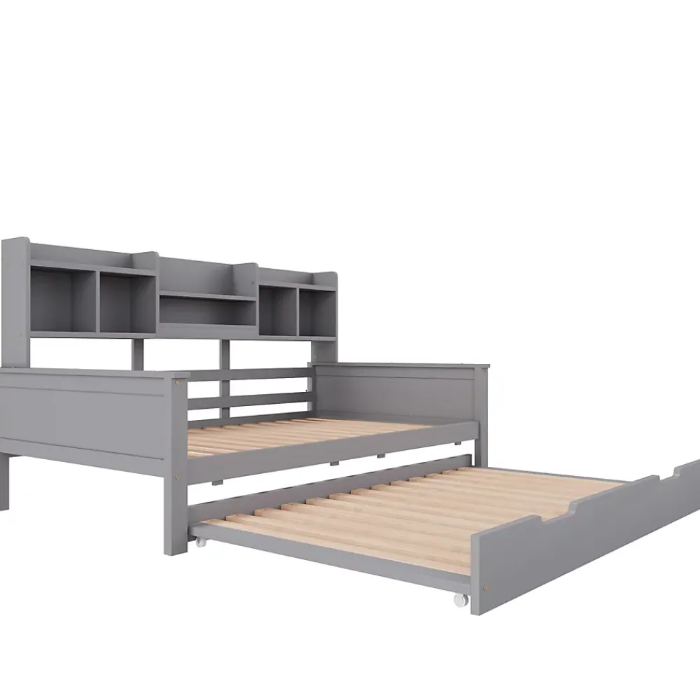 Okwish Lit gigogne simple 90x200 cm en bois avec rangement intégré - multifonction, pratique et spacieux, gris, sans matelas* Lit Gigogne