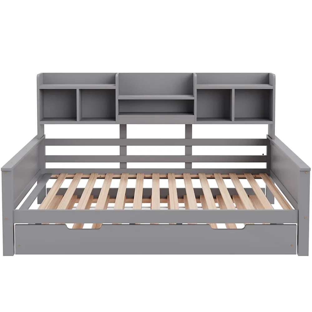 Okwish Lit gigogne simple 90x200 cm en bois avec rangement intégré - multifonction, pratique et spacieux, gris, sans matelas* Lit Gigogne