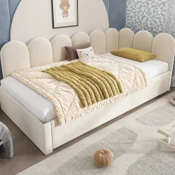Okwish Lit Gigogne Simple 90x200 cm avec Lit Secondaire 90x190 cm - Gain de Place pour Chambre d'enfant - Velours Beige - Sans Matelas* Lit Gigogne
