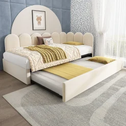 Okwish Lit Gigogne Simple 90x200 cm avec Lit Secondaire 90x190 cm - Gain de Place pour Chambre d'enfant - Velours Beige - Sans Matelas* Lit Gigogne