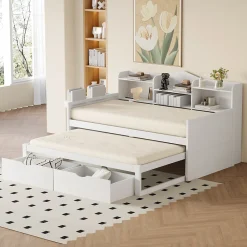 Lit Gigogne Simple 90x200 cm avec Lit 90x190 cm, Tiroirs et Grand Rangement, Port USB Intégré Bois Blanc, Multifonction, Blanc>Okwish Clearance
