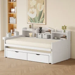 Lit Gigogne Simple 90x200 cm avec Lit 90x190 cm, Tiroirs et Grand Rangement, Port USB Intégré Bois Blanc, Multifonction, Blanc>Okwish Clearance