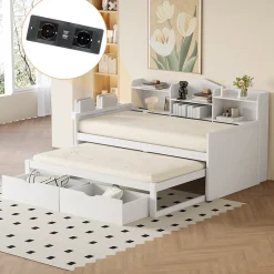 Lit Gigogne Simple 90x200 cm avec Lit 90x190 cm, Tiroirs et Grand Rangement, Port USB Intégré Bois Blanc, Multifonction, Blanc><noscript><img width=