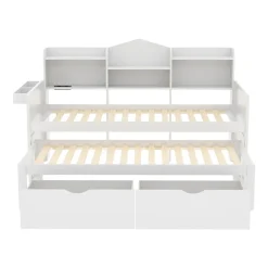 Lit Gigogne Simple 90x200 cm avec Lit 90x190 cm, Tiroirs et Grand Rangement, Port USB Intégré Bois Blanc, Multifonction, Blanc><noscript><img width=