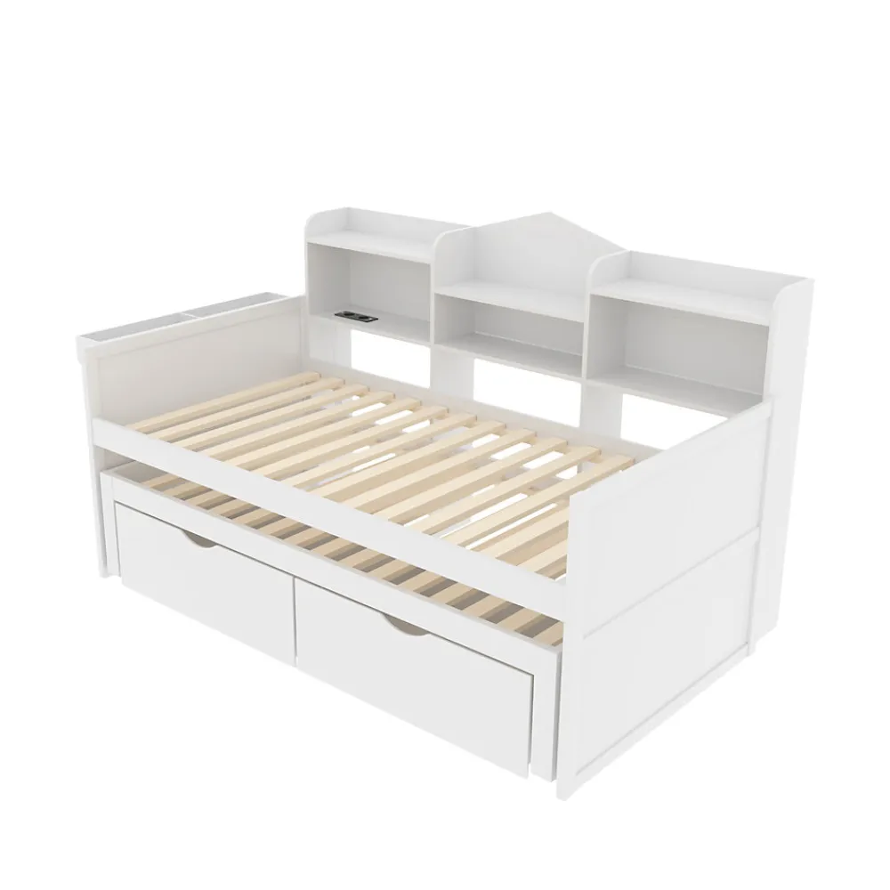Lit Gigogne Simple 90x200 cm avec Lit 90x190 cm, Tiroirs et Grand Rangement, Port USB Intégré Bois Blanc, Multifonction, Blanc>Okwish Clearance