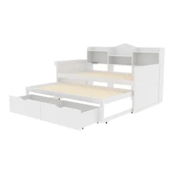 Lit Gigogne Simple 90x200 cm avec Lit 90x190 cm, Tiroirs et Grand Rangement, Port USB Intégré Bois Blanc, Multifonction, Blanc><noscript><img width=