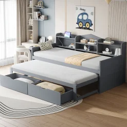 Lit Gigogne Simple 90x200 cm avec Lit 90x190 cm, Tiroirs et Grand Rangement, Port USB Intégré Bois Gris, Multifonction, Gris>Okwish Hot