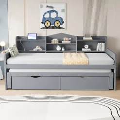 Lit Gigogne Simple 90x200 cm avec Lit 90x190 cm, Tiroirs et Grand Rangement, Port USB Intégré Bois Gris, Multifonction, Gris>Okwish Hot