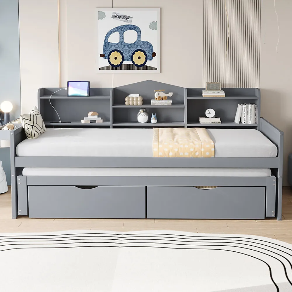 Lit Gigogne Simple 90x200 cm avec Lit 90x190 cm, Tiroirs et Grand Rangement, Port USB Intégré Bois Gris, Multifonction, Gris>Okwish Hot