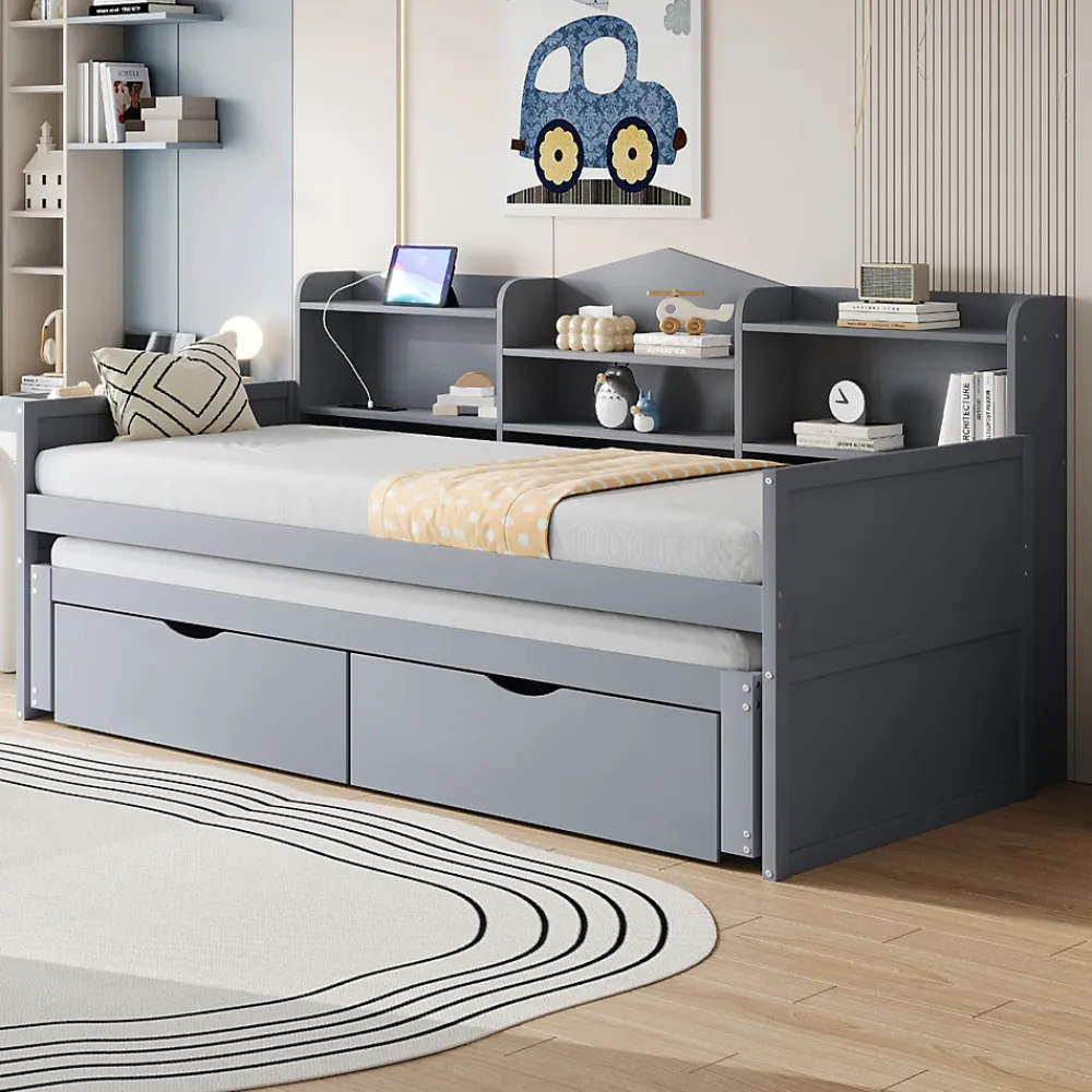 Lit Gigogne Simple 90x200 cm avec Lit 90x190 cm, Tiroirs et Grand Rangement, Port USB Intégré Bois Gris, Multifonction, Gris>Okwish Hot