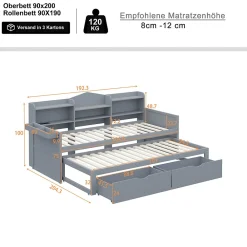 Lit Gigogne Simple 90x200 cm avec Lit 90x190 cm, Tiroirs et Grand Rangement, Port USB Intégré Bois Gris, Multifonction, Gris><noscript><img width=