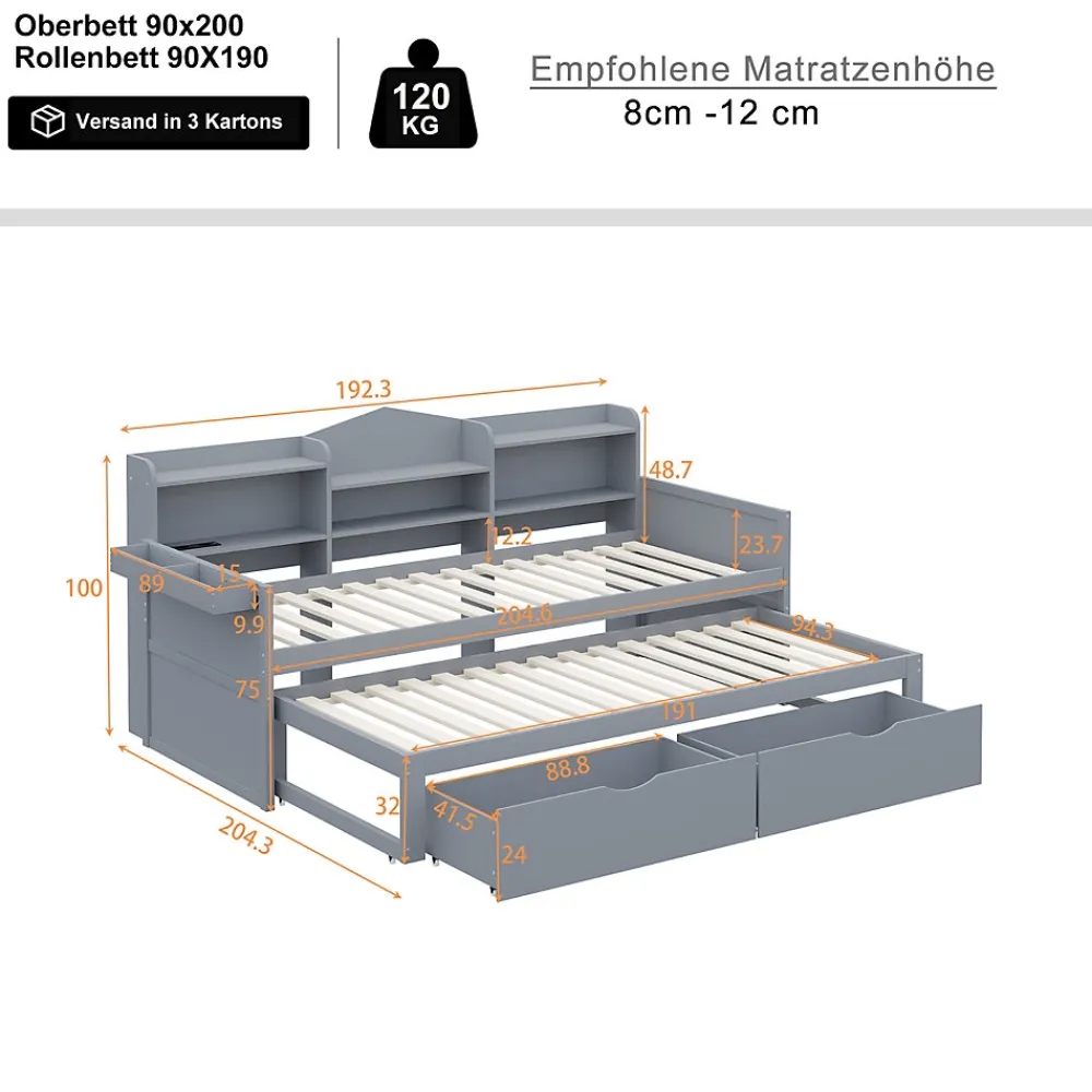 Lit Gigogne Simple 90x200 cm avec Lit 90x190 cm, Tiroirs et Grand Rangement, Port USB Intégré Bois Gris, Multifonction, Gris>Okwish Hot