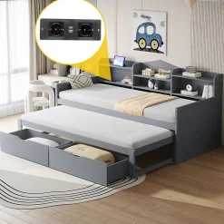 Lit Gigogne Simple 90x200 cm avec Lit 90x190 cm, Tiroirs et Grand Rangement, Port USB Intégré Bois Gris, Multifonction, Gris><noscript><img width=