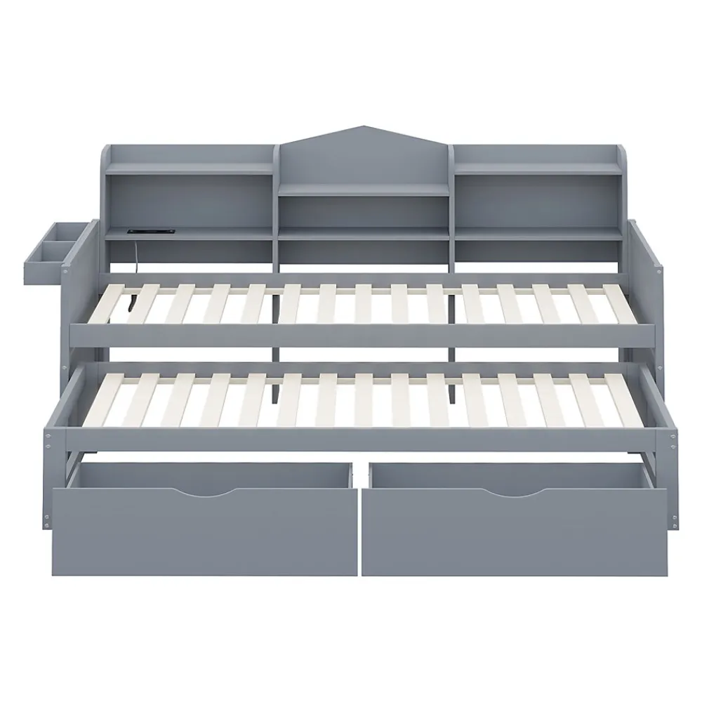 Lit Gigogne Simple 90x200 cm avec Lit 90x190 cm, Tiroirs et Grand Rangement, Port USB Intégré Bois Gris, Multifonction, Gris>Okwish Hot