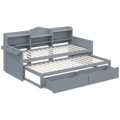 Lit Gigogne Simple 90x200 cm avec Lit 90x190 cm, Tiroirs et Grand Rangement, Port USB Intégré Bois Gris, Multifonction, Gris><noscript><img width=