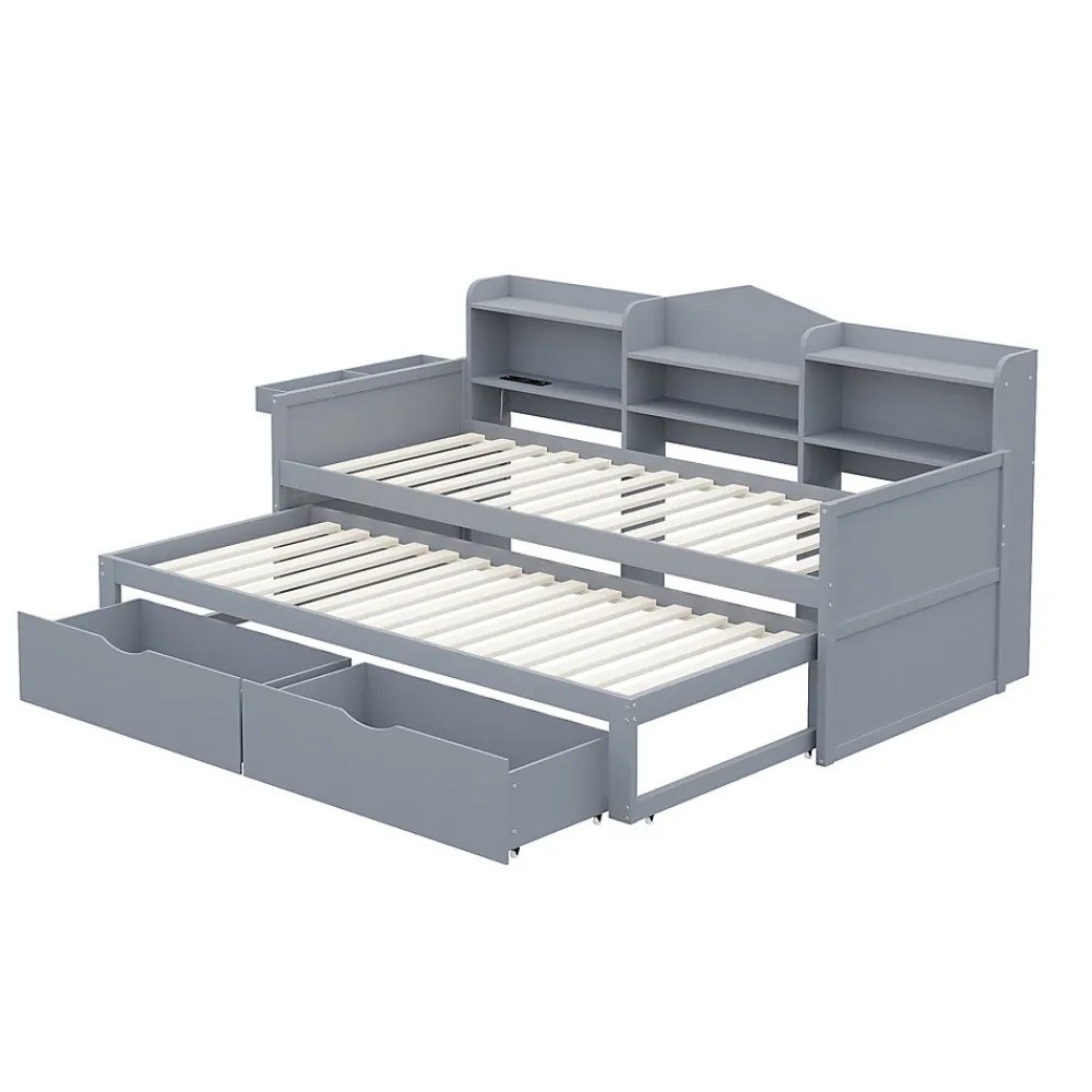Lit Gigogne Simple 90x200 cm avec Lit 90x190 cm, Tiroirs et Grand Rangement, Port USB Intégré Bois Gris, Multifonction, Gris>Okwish Hot