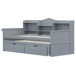 Lit Gigogne Simple 90x200 cm avec Lit 90x190 cm, Tiroirs et Grand Rangement, Port USB Intégré Bois Gris, Multifonction, Gris><noscript><img width=