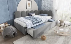 Okwish Lit Gigogne Simple 90x200 cm avec Lit Secondaire - Design Moderne Gain de Place pour Chambre enfant - Velours Gris - Sans Matelas* Lit Gigogne