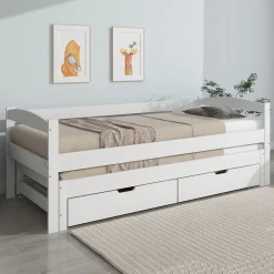 Lit Gigogne Simple 200x90 cm et 190x90 cm - avec Tiroirs de Rangement, Bois de Pin et MDF, Blanc, Sans Matelas>Okwish Hot