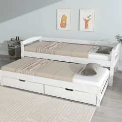 Lit Gigogne Simple 200x90 cm et 190x90 cm - avec Tiroirs de Rangement, Bois de Pin et MDF, Blanc, Sans Matelas><noscript><img width=