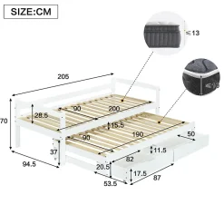 Lit Gigogne Simple 200x90 cm et 190x90 cm - avec Tiroirs de Rangement, Bois de Pin et MDF, Blanc, Sans Matelas><noscript><img width=