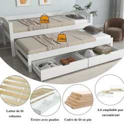 Lit Gigogne Simple 200x90 cm et 190x90 cm - avec Tiroirs de Rangement, Bois de Pin et MDF, Blanc, Sans Matelas><noscript><img width=