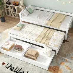 Lit Gigogne Simple 200x90 cm et 190x90 cm - avec Tiroirs de Rangement, Bois de Pin et MDF, Blanc, Sans Matelas><noscript><img width=