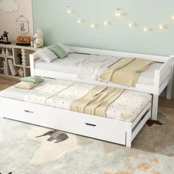 Lit Gigogne Simple 200x90 cm et 190x90 cm - avec Tiroirs de Rangement, Bois de Pin et MDF, Blanc, Sans Matelas><noscript><img width=