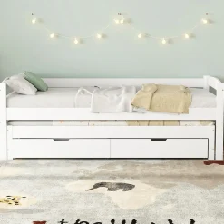 Lit Gigogne Simple 200x90 cm et 190x90 cm - avec Tiroirs de Rangement, Bois de Pin et MDF, Blanc, Sans Matelas><noscript><img width=