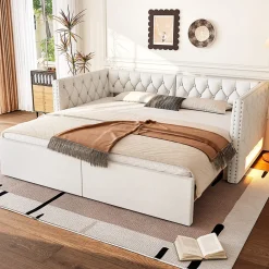 Lit Gigogne 90x200 à 180x200 cm - Lit avec Rangement Intégré et Éclairage LED - Beige>Okwish Hot