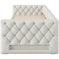 Lit Gigogne 90x200 à 180x200 cm - Lit avec Rangement Intégré et Éclairage LED - Beige><noscript><img width=