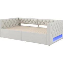 Lit Gigogne 90x200 à 180x200 cm - Lit avec Rangement Intégré et Éclairage LED - Beige><noscript><img width=