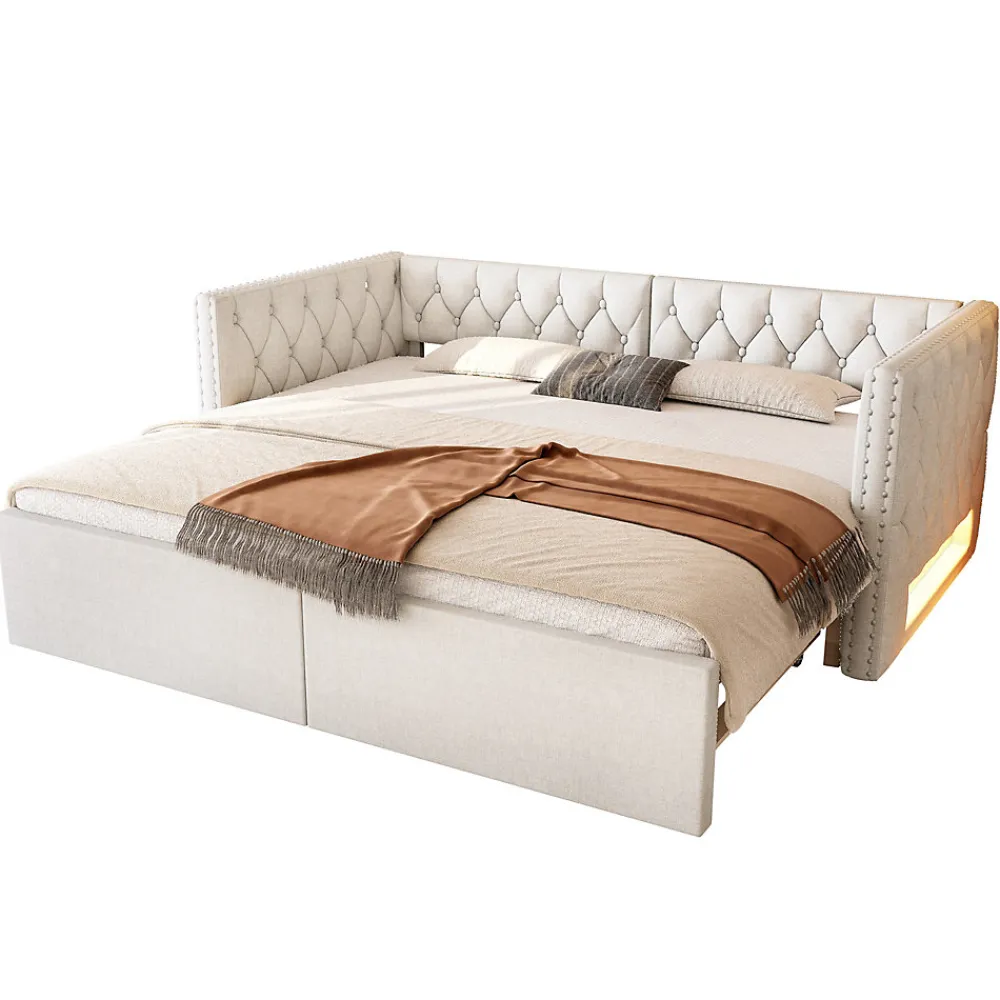 Lit Gigogne 90x200 à 180x200 cm - Lit avec Rangement Intégré et Éclairage LED - Beige>Okwish Hot