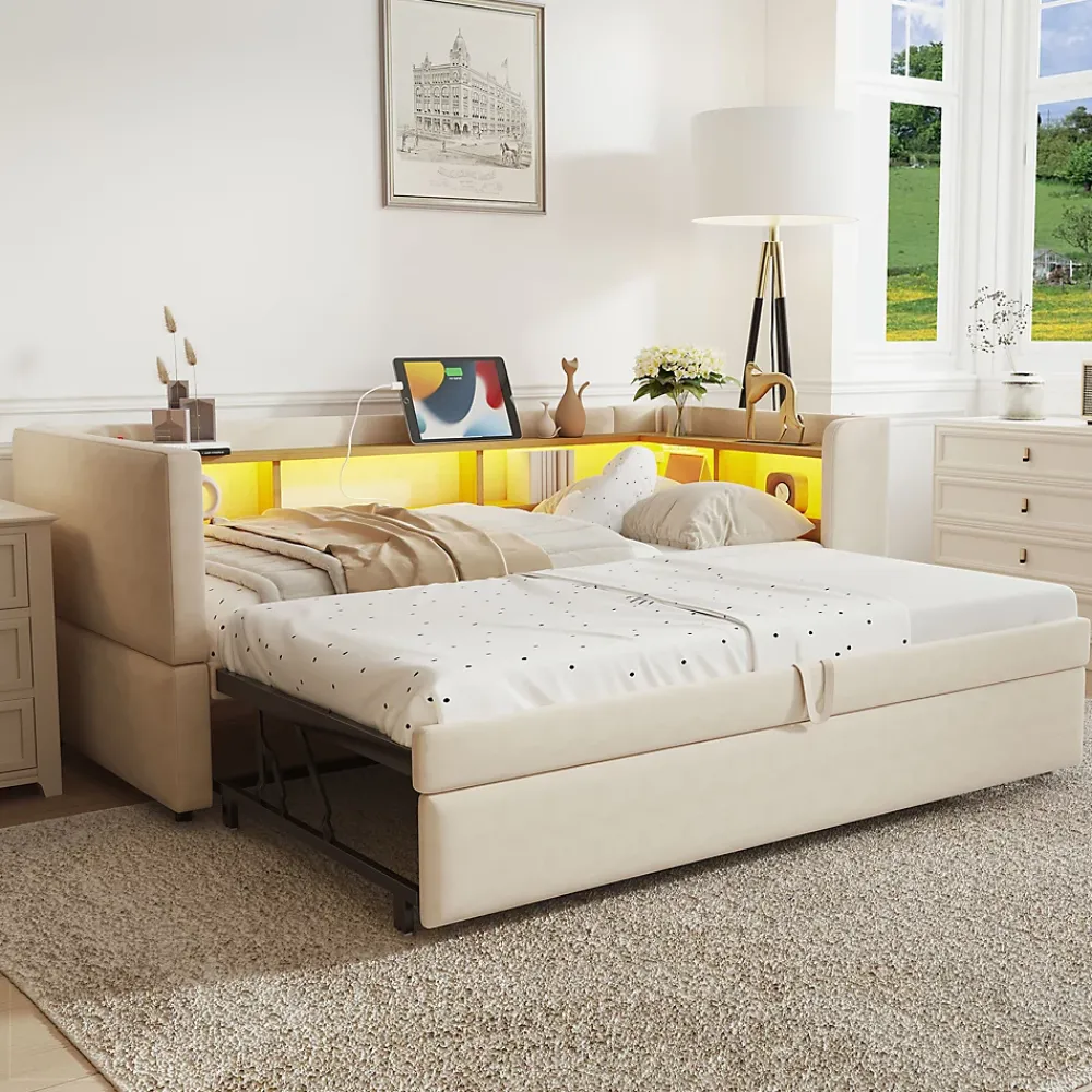Okwish Lit Gigogne 90/180x190 cm - avec LED et Prise USB, Rangement sous Le Lit, Multifonction en Flanelle et Métal, Beige, Sans Matelas* Lit Gigogne