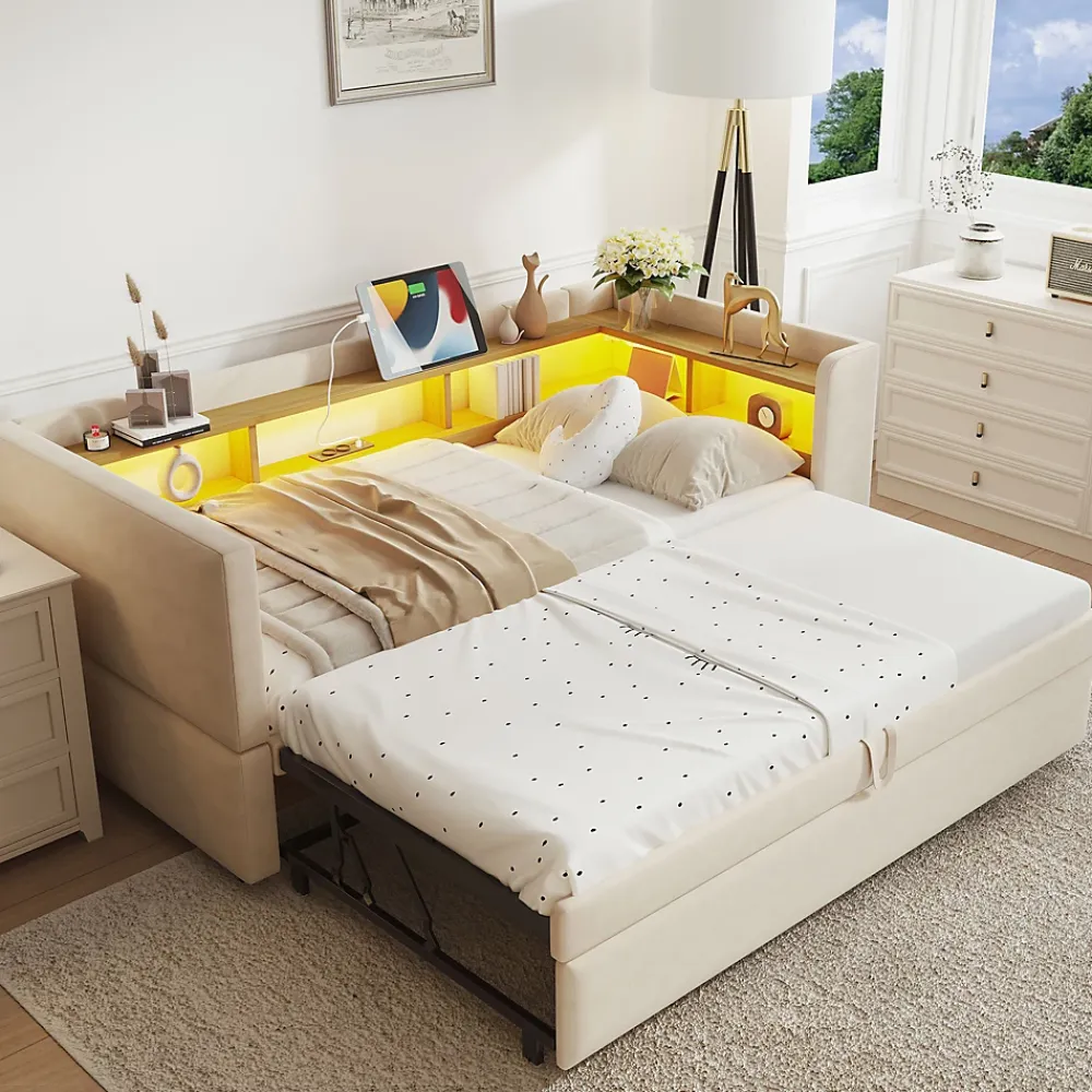 Okwish Lit Gigogne 90/180x190 cm - avec LED et Prise USB, Rangement sous Le Lit, Multifonction en Flanelle et Métal, Beige, Sans Matelas* Lit Gigogne