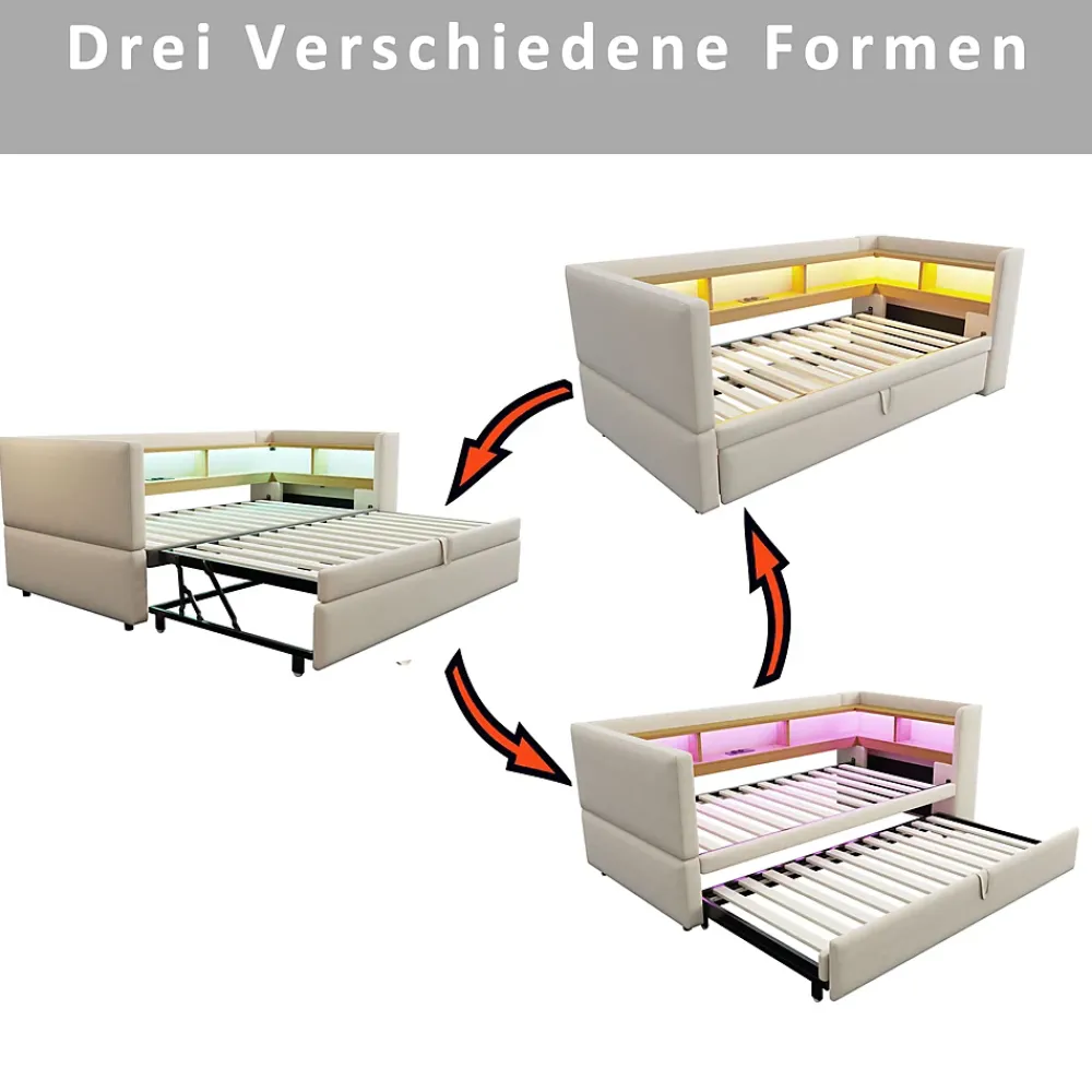 Okwish Lit Gigogne 90/180x190 cm - avec LED et Prise USB, Rangement sous Le Lit, Multifonction en Flanelle et Métal, Beige, Sans Matelas* Lit Gigogne