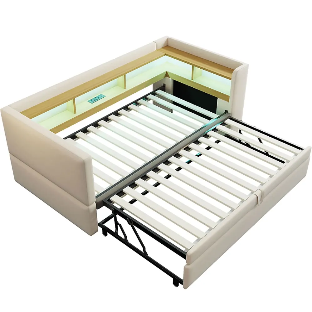 Okwish Lit Gigogne 90/180x190 cm - avec LED et Prise USB, Rangement sous Le Lit, Multifonction en Flanelle et Métal, Beige, Sans Matelas* Lit Gigogne