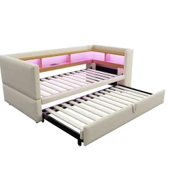 Okwish Lit Gigogne 90/180x190 cm - avec LED et Prise USB, Rangement sous Le Lit, Multifonction en Flanelle et Métal, Beige, Sans Matelas* Lit Gigogne