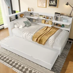 Lit Gigogne 90x200 cm - avec Lit Tiroir 90x190 cm et Rangement, Lit Multifonction Bois Kiefernholz + MDF + Plywood - Blanc>Okwish Discount