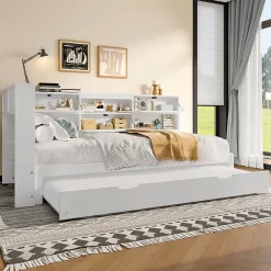 Lit Gigogne 90x200 cm - avec Lit Tiroir 90x190 cm et Rangement, Lit Multifonction Bois Kiefernholz + MDF + Plywood - Blanc>Okwish Discount