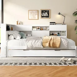 Lit Gigogne 90x200 cm - avec Lit Tiroir 90x190 cm et Rangement, Lit Multifonction Bois Kiefernholz + MDF + Plywood - Blanc><noscript><img width=